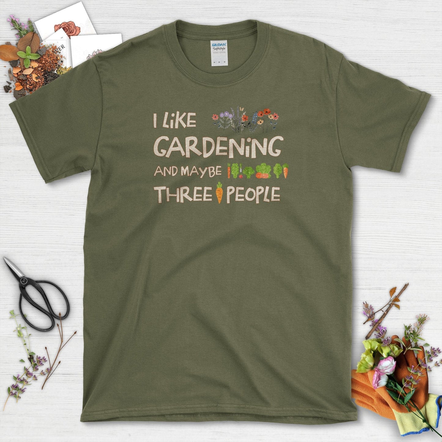 Gardening and Three People T-Shirt Military Green / S T-Shirt
