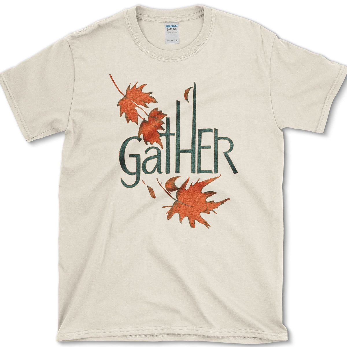 Tall Gather lettering surrounded by four drifting orange maple leaves