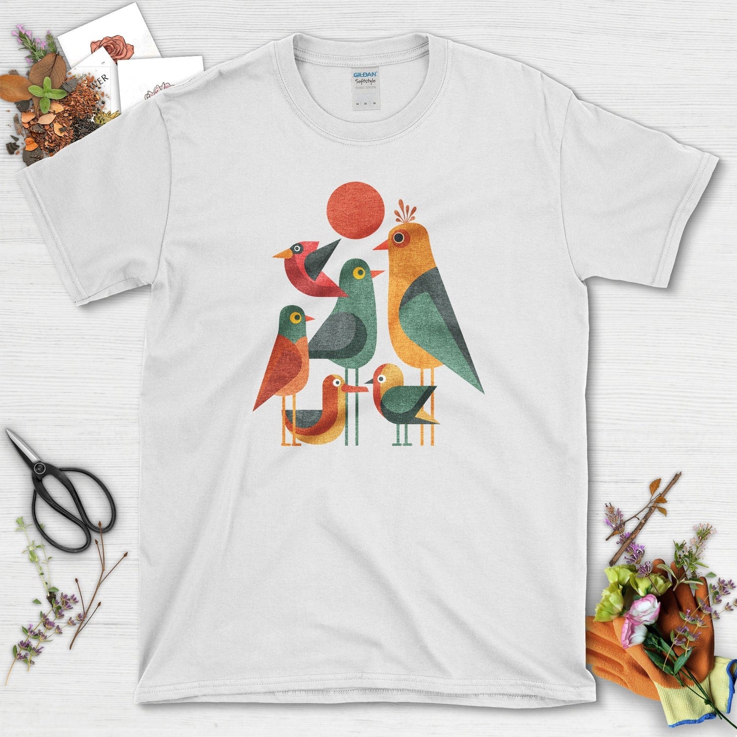 Geometric Garden Birds T-Shirt White / S Physical Item