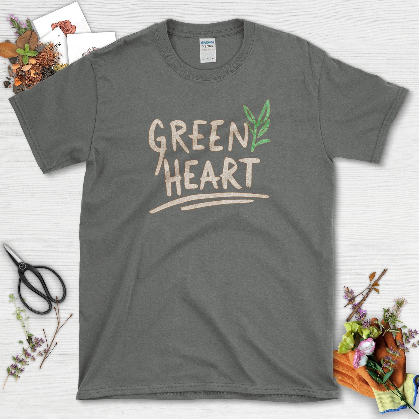 Green Heart Garden T-Shirt Charcoal / S Physical Item