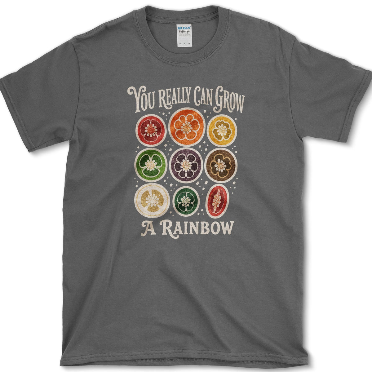 Nine rainbow-colored pepper cross-sections between You Really Can Grow and A Rainbow lettering