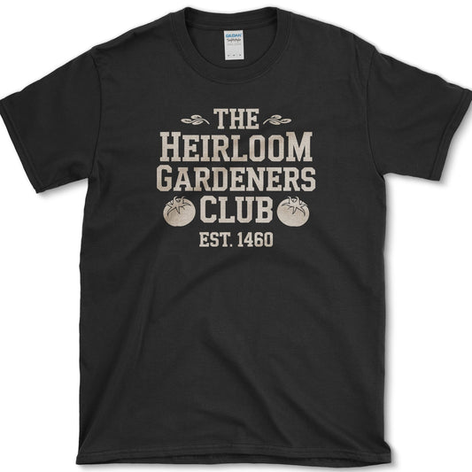 Heirloom Gardeners Club design featuring heirloom tomato artwork on a t-shirt