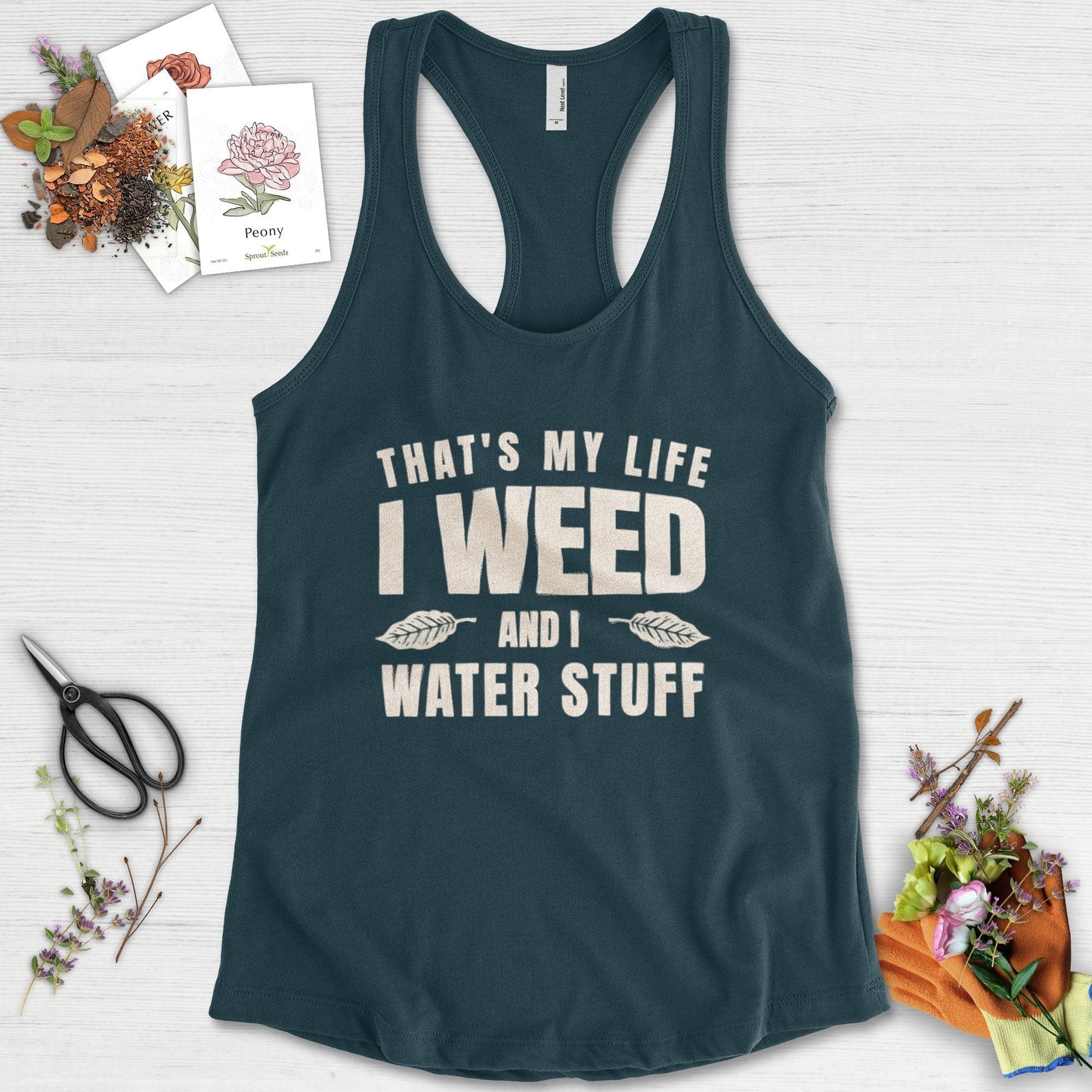 I Weed And I Water Stuff Racerback Racerback / XS / Midnight Navy Physical Item