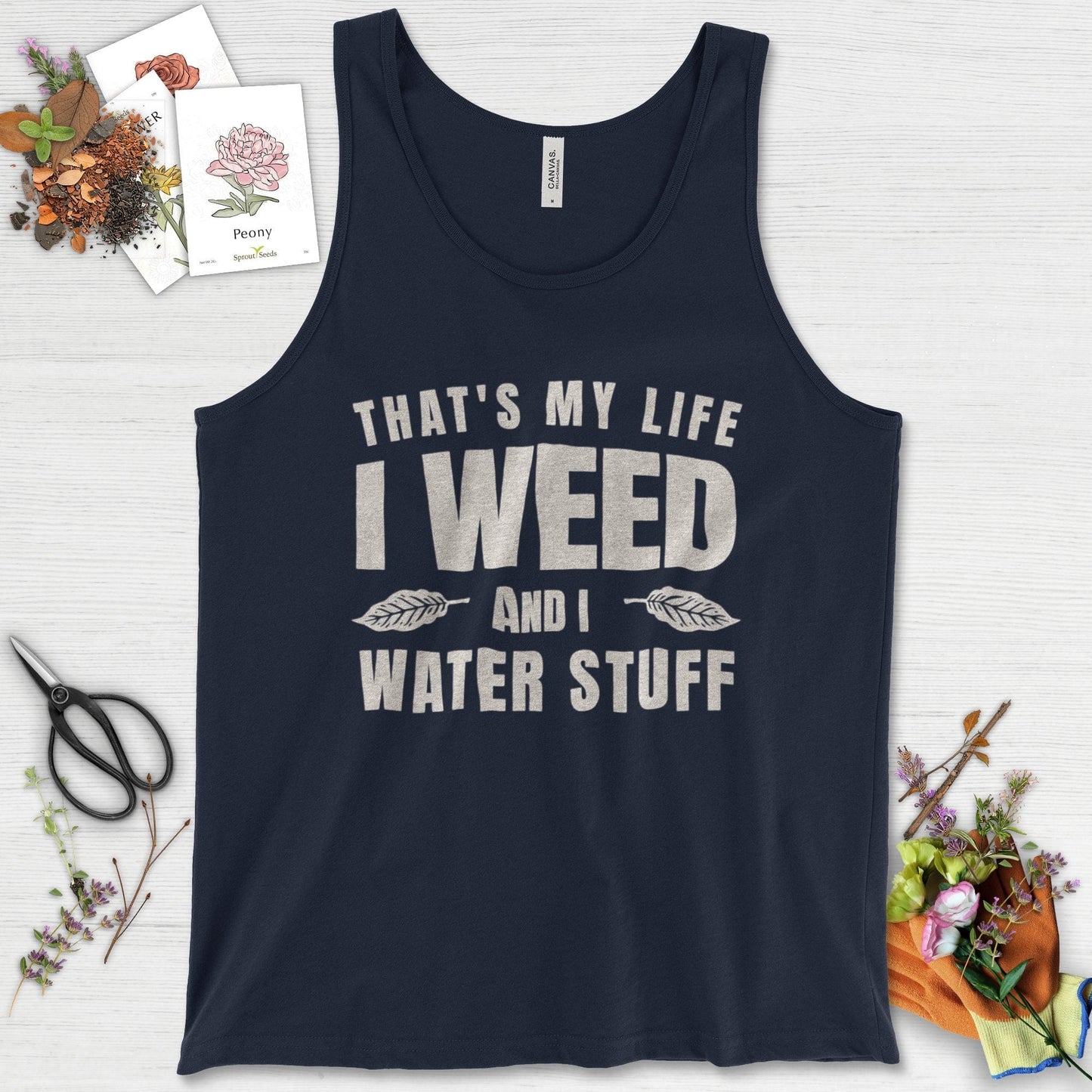 I Weed And I Water Stuff Tank Top Navy / XS Physical Item