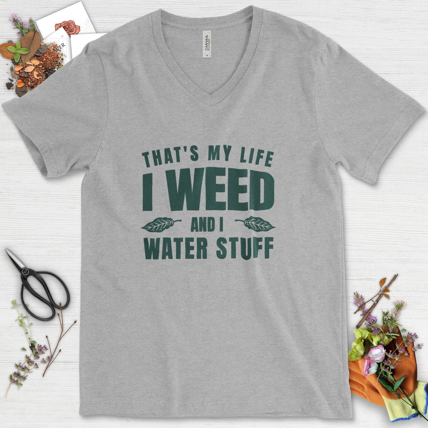 I Weed And I Water Stuff V-Neck Athletic Heather / S Physical Item