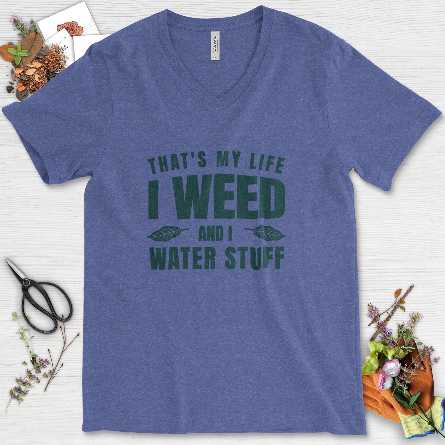 I Weed And I Water Stuff V-Neck Heather True Royal / S Physical Item