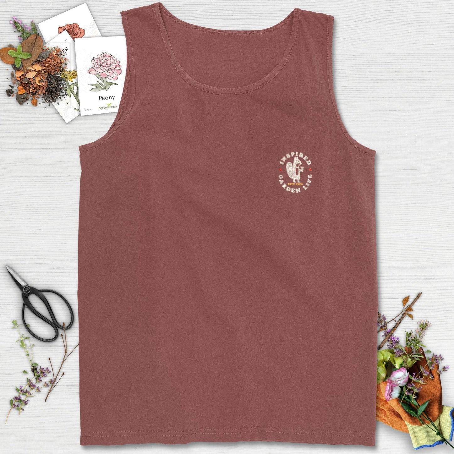 Inspired Garden Life Squirrel Logo Colorwashed Comfort Tank Top Brick / S Tank Top