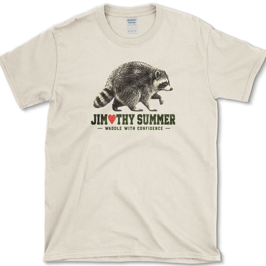 Jimothy Summer artwork featuring raccoon on a t-shirt