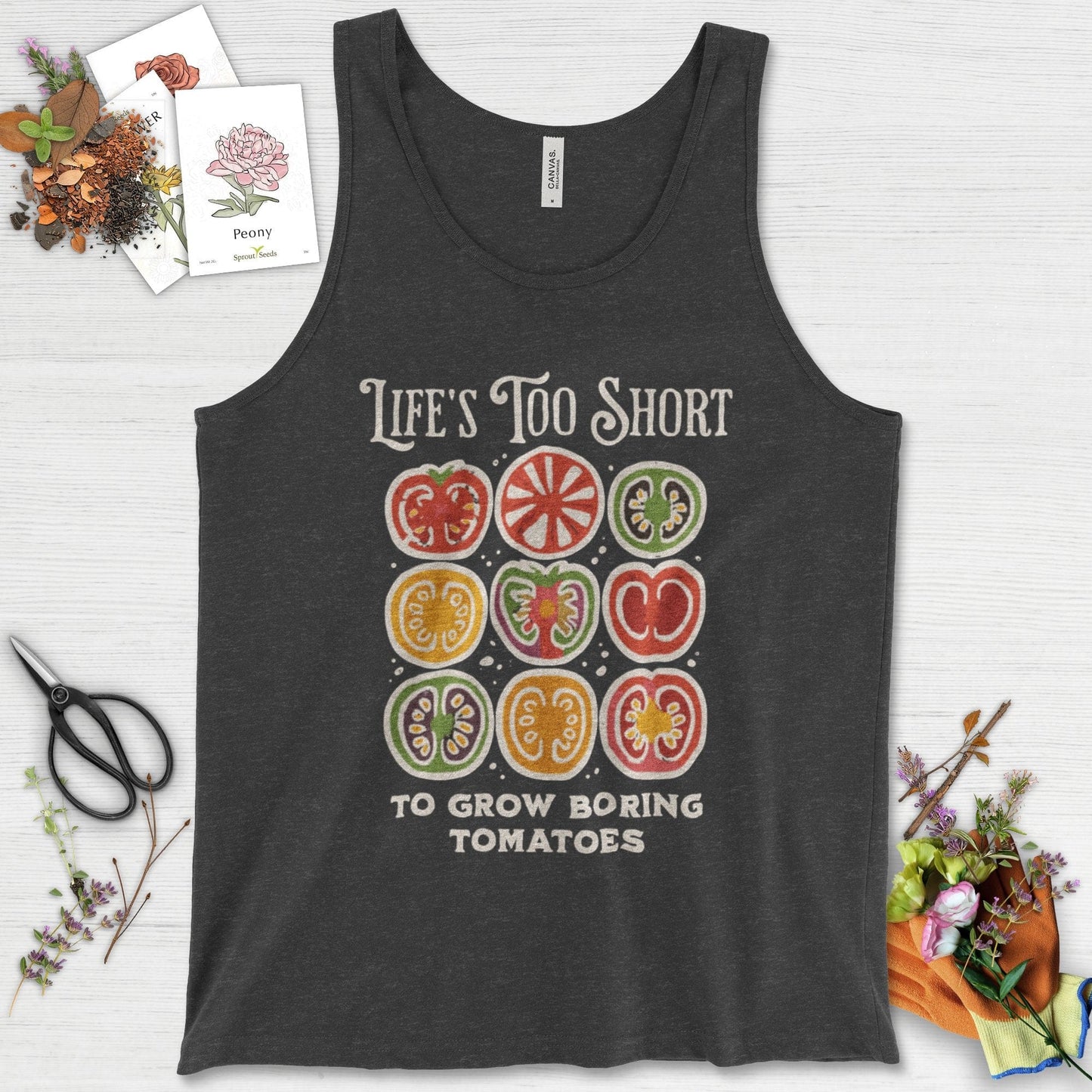 Life's Too Short Tomatoes Tank Top Dark Gray Heather / XS Physical Item