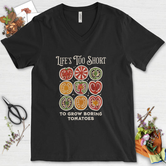 Life's Too Short Tomatoes V-Neck Black / S T-Shirt