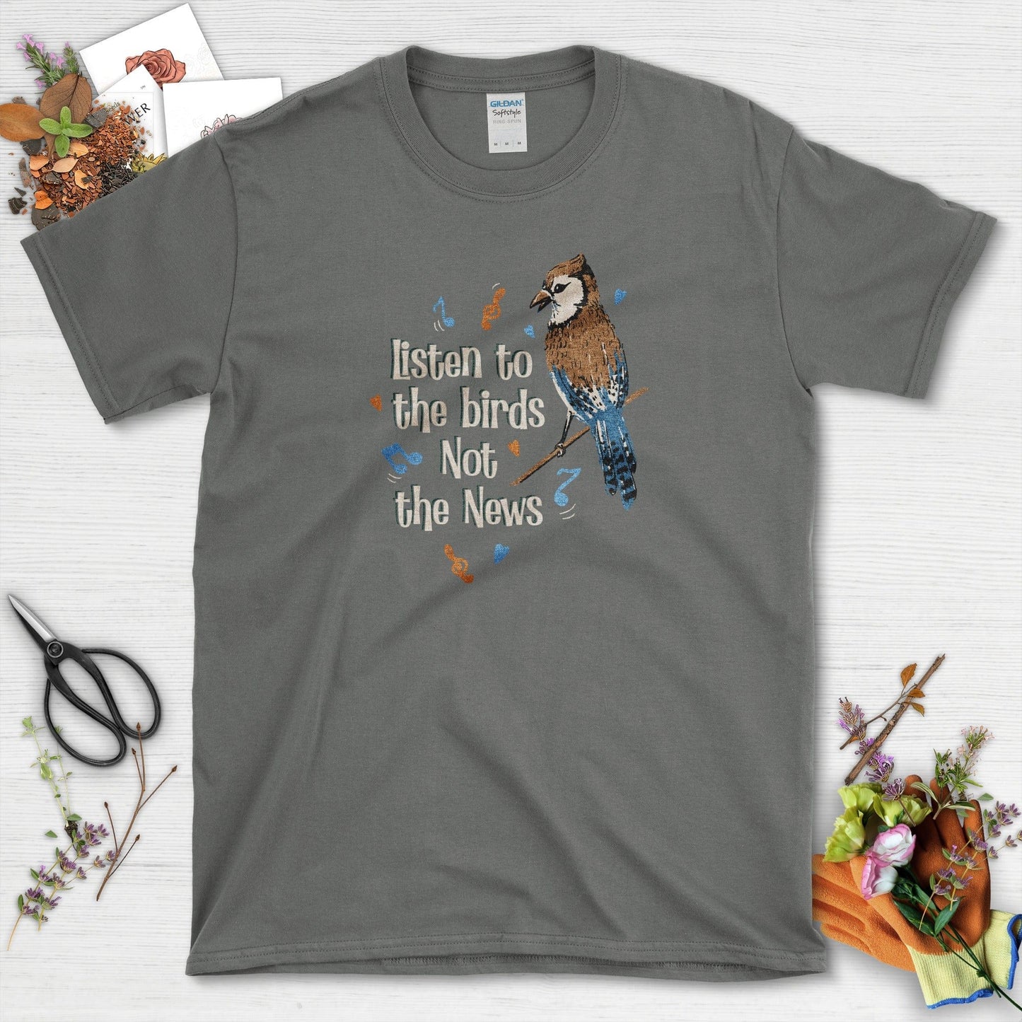Listen to Birds Not News T-Shirt Charcoal / S Physical Item