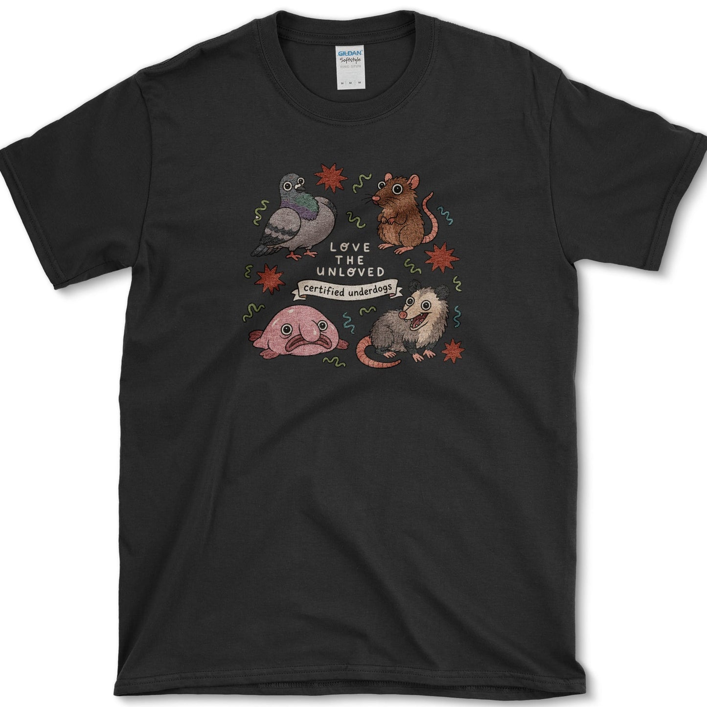 Love The Unloved artwork featuring unloved animals and opossum and pigeon on a t-shirt