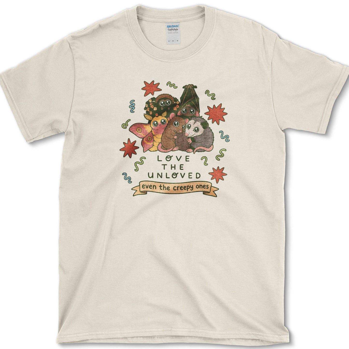 Love The Unloved artwork featuring unloved animals and bat and moth on a t-shirt