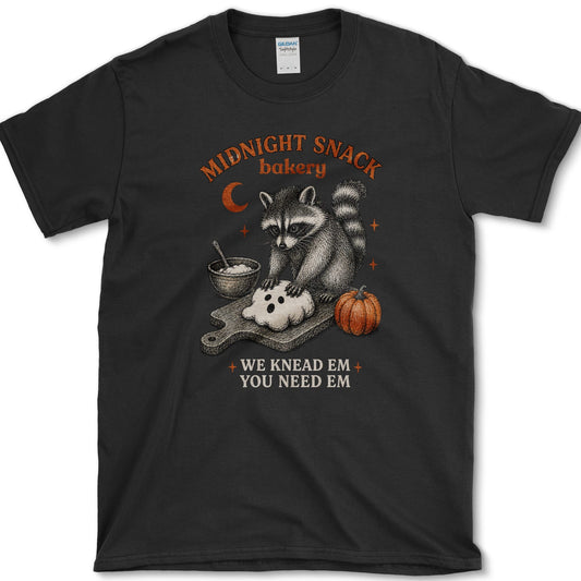Midnight Snack Bakery artwork featuring baking raccoon and raccoon and pumpkin on a t-shirt