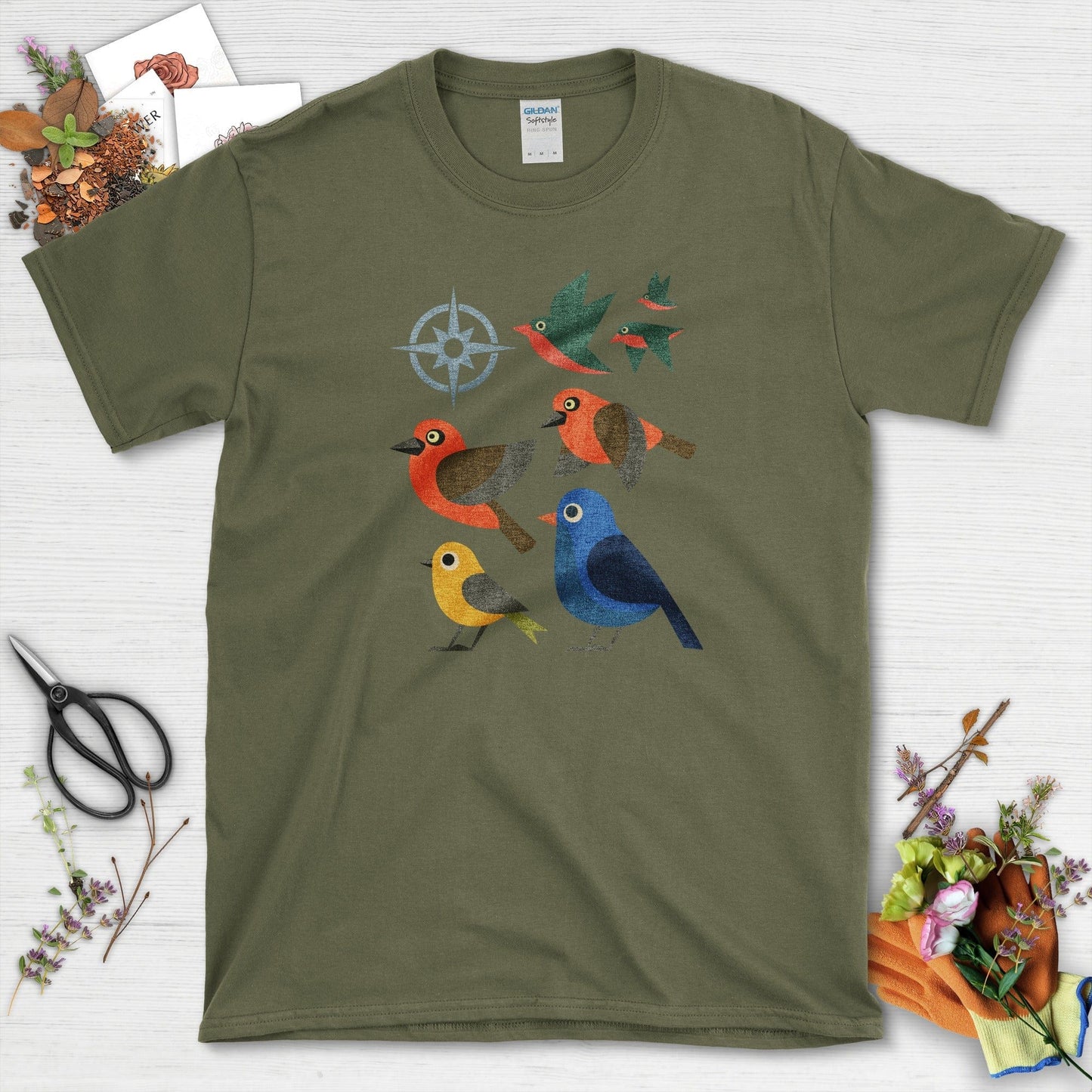 Migration Station Geometric Birds T-Shirt T-Shirts / S / Military Green Physical Item