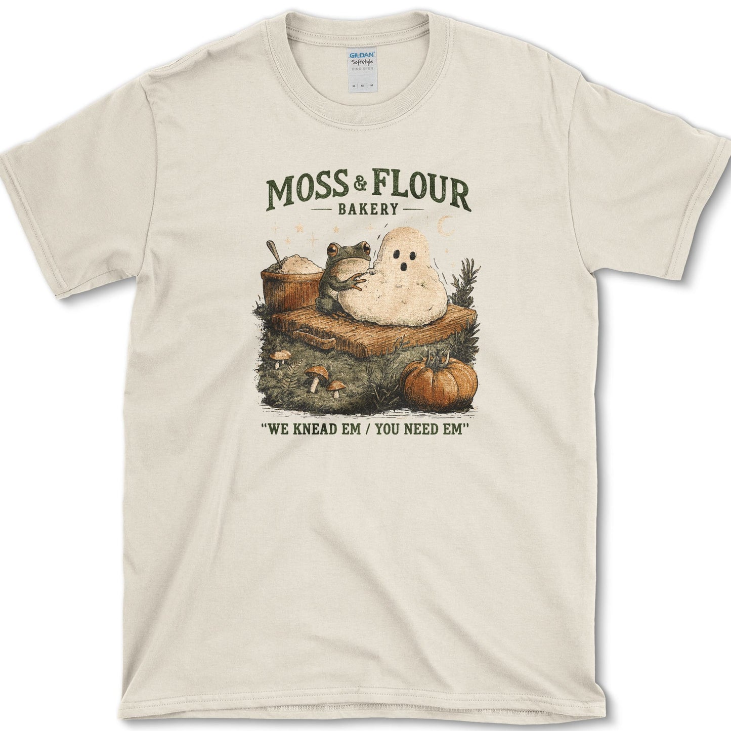 Moss Flour Bakery artwork featuring moss and woodland bakery on a t-shirt