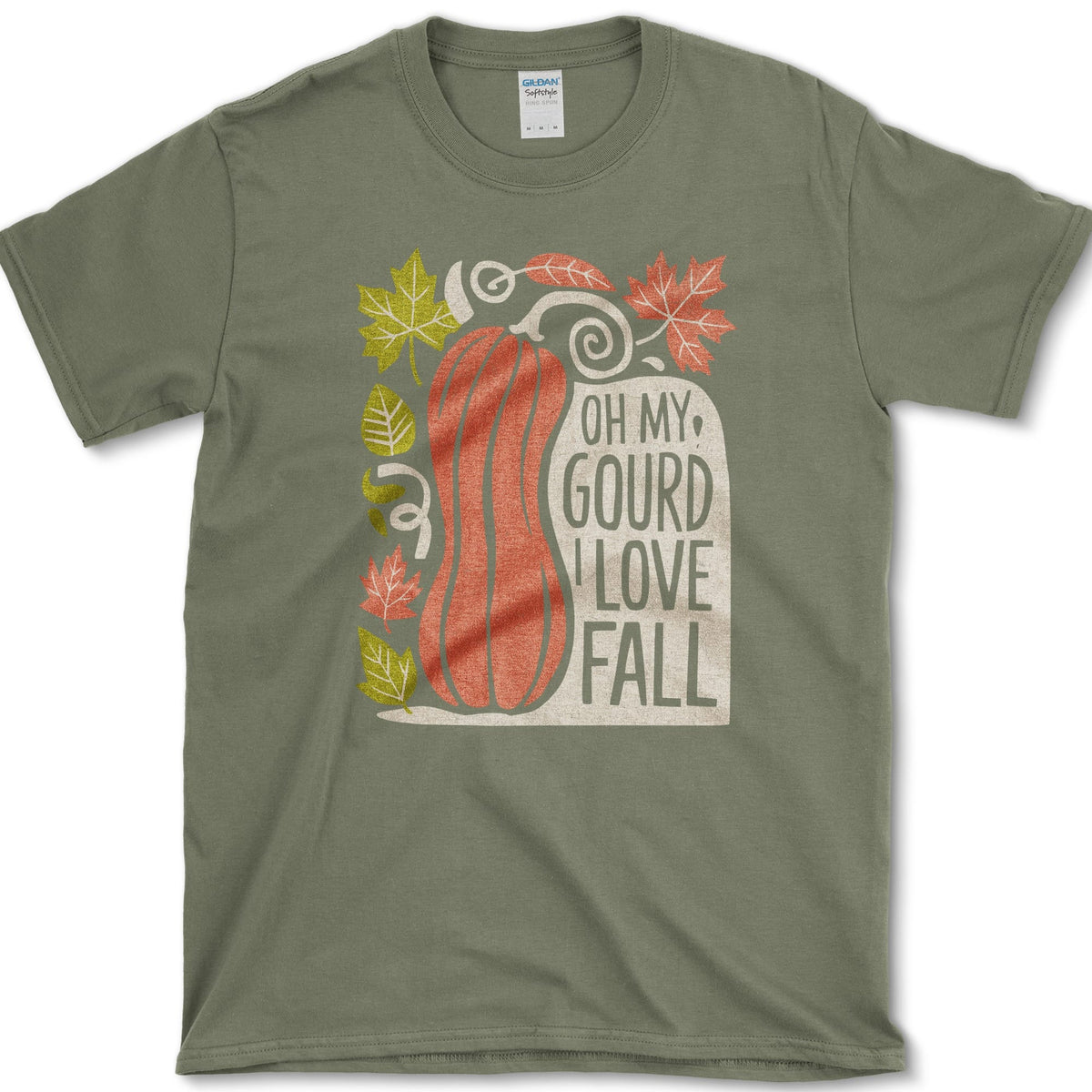 Tall orange pumpkin with curling vine, green and red maple leaves, and Oh My Gourd I Love Fall lettering