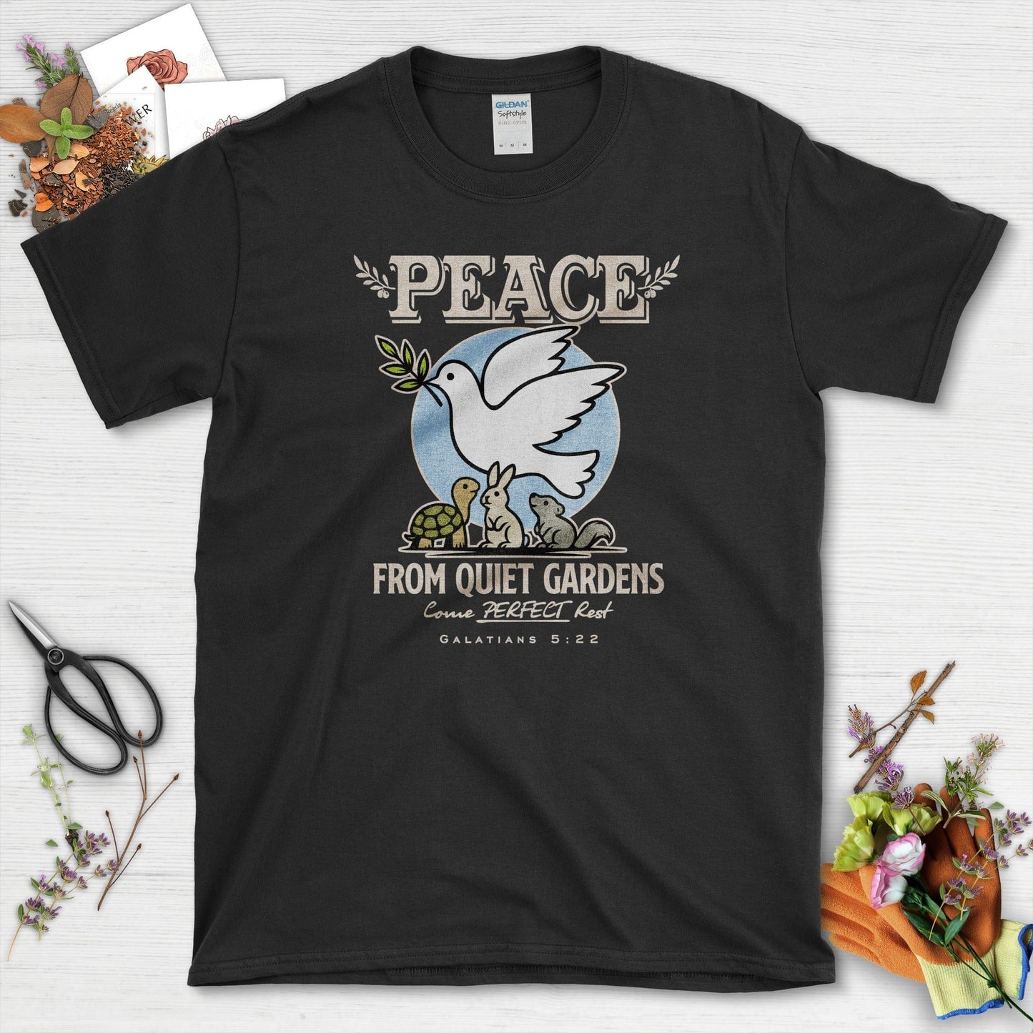 Peace From Quiet Gardens T-Shirt Essential Tees / S / Black Physical Item