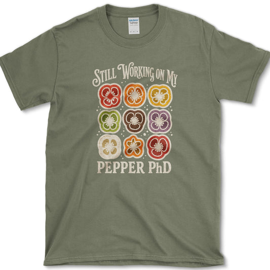 Nine red, orange, yellow, green, brown, and purple pepper slices with Still Working on My Pepper PhD lettering