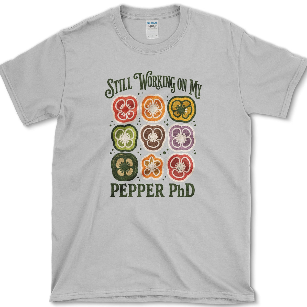 Nine red, orange, yellow, green, brown, and purple pepper slices with Still Working on My Pepper PhD lettering