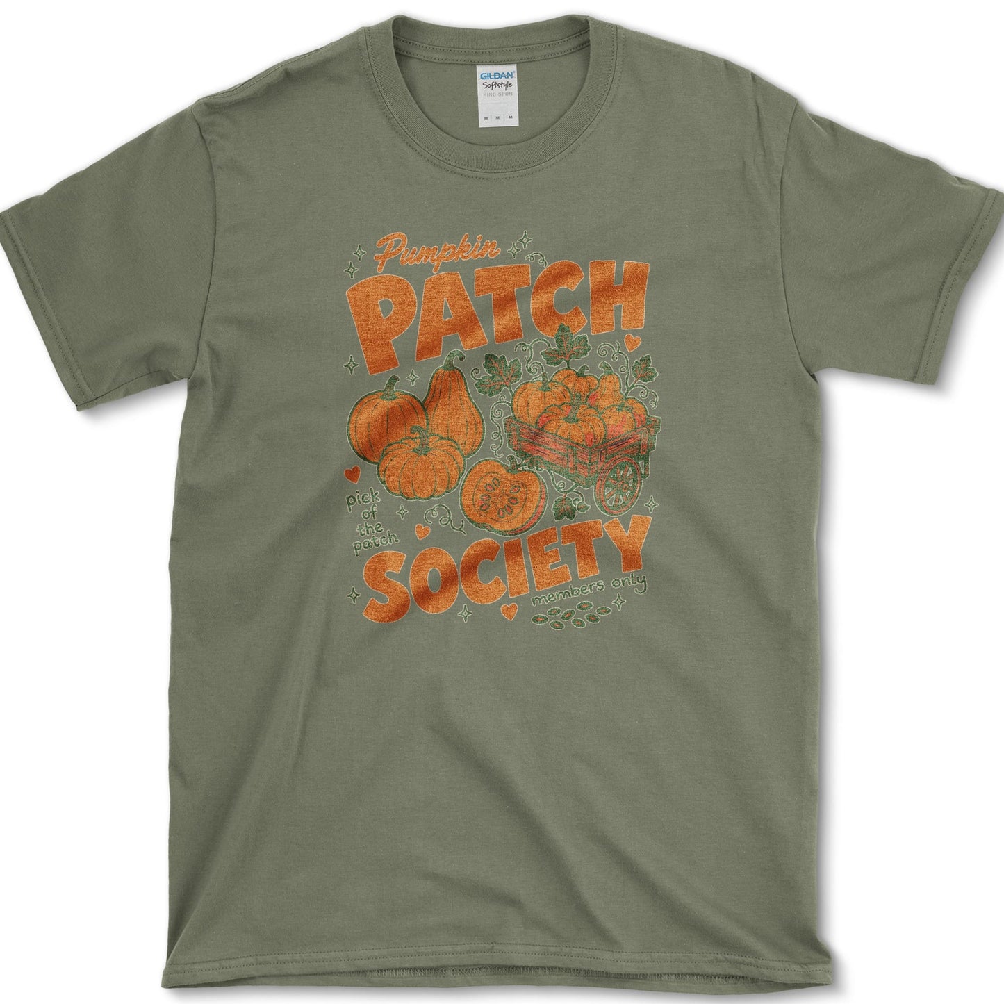 Pumpkin Patch Society artwork featuring pumpkin and pumpkin patch and garden cart on a t-shirt