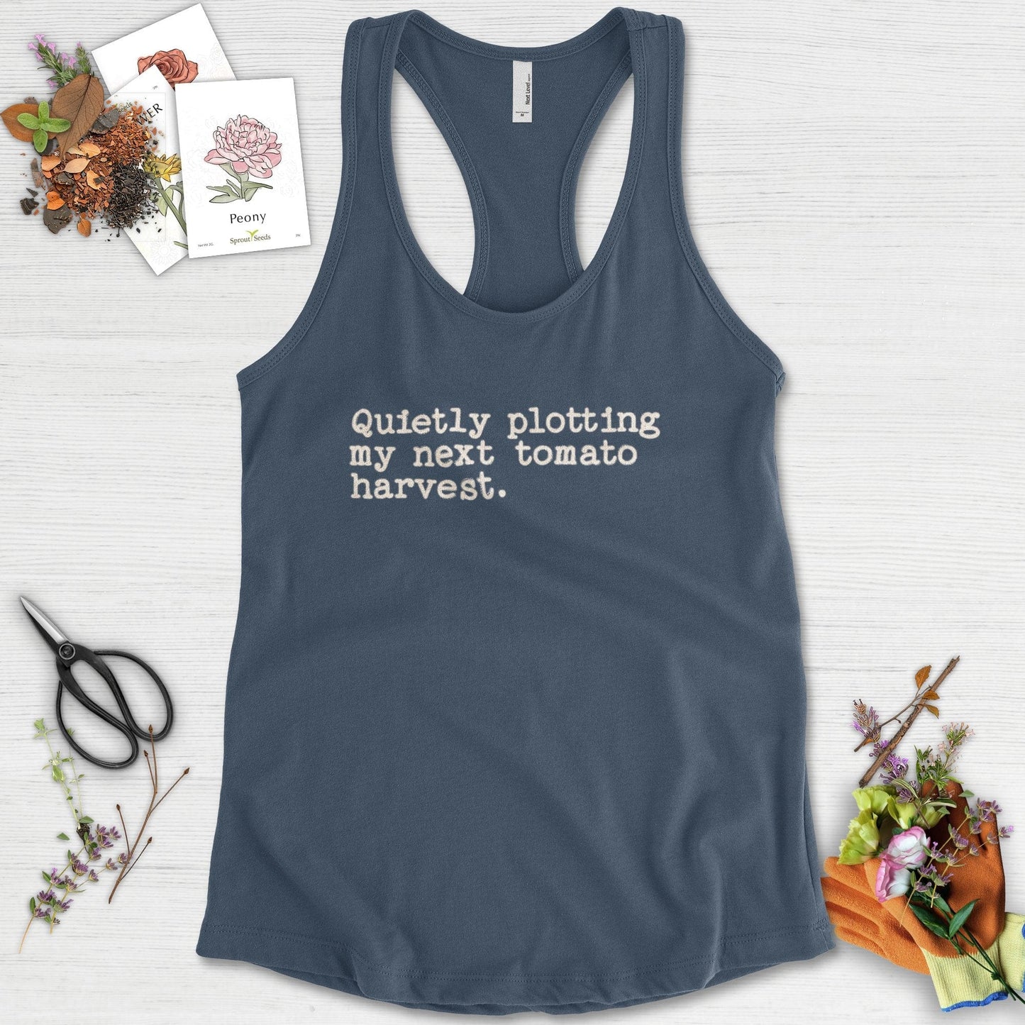 Quietly Plotting Tomato Harvest Racerback Racerback / XS / Indigo Physical Item