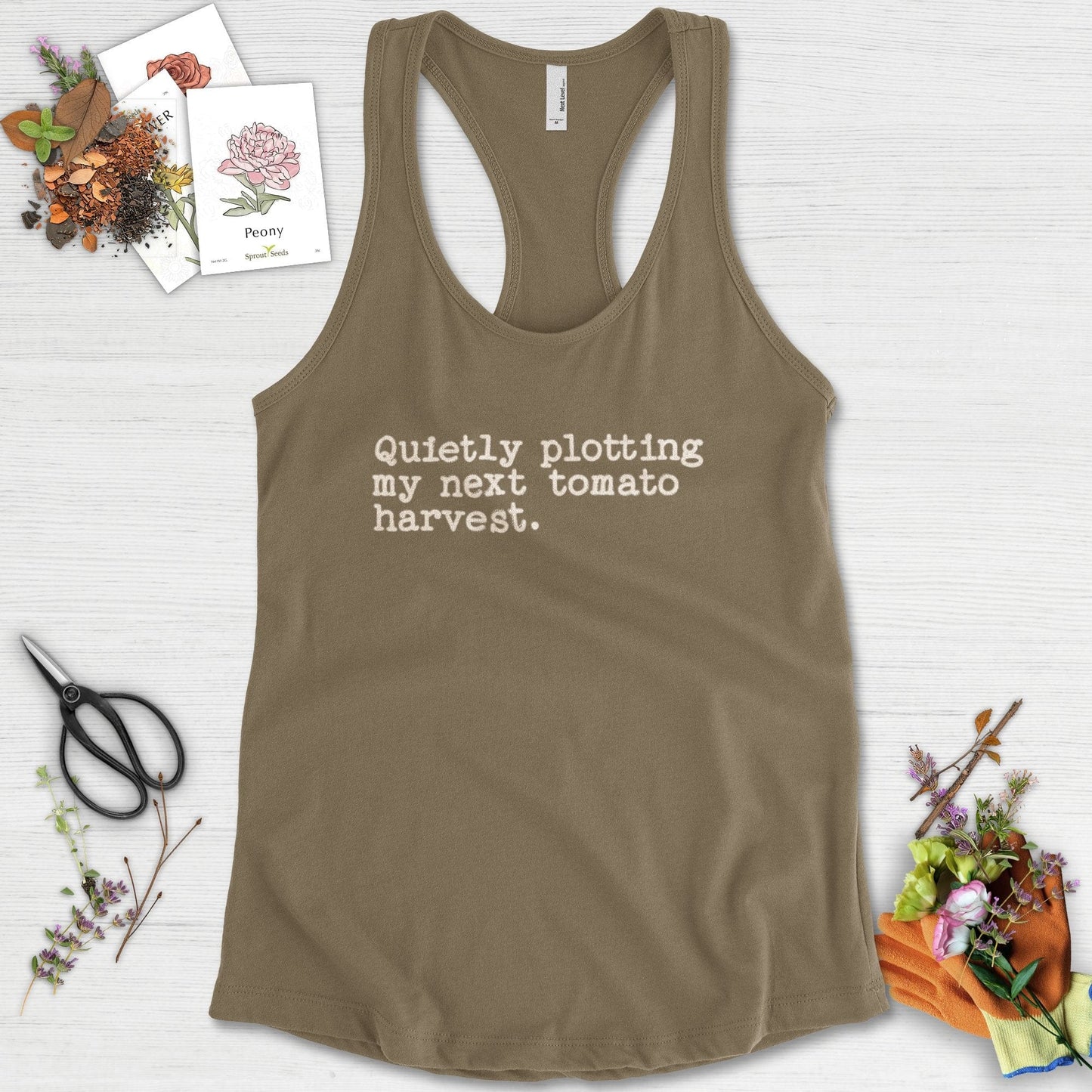 Quietly Plotting Tomato Harvest Racerback Racerback / XS / Military Green Physical Item