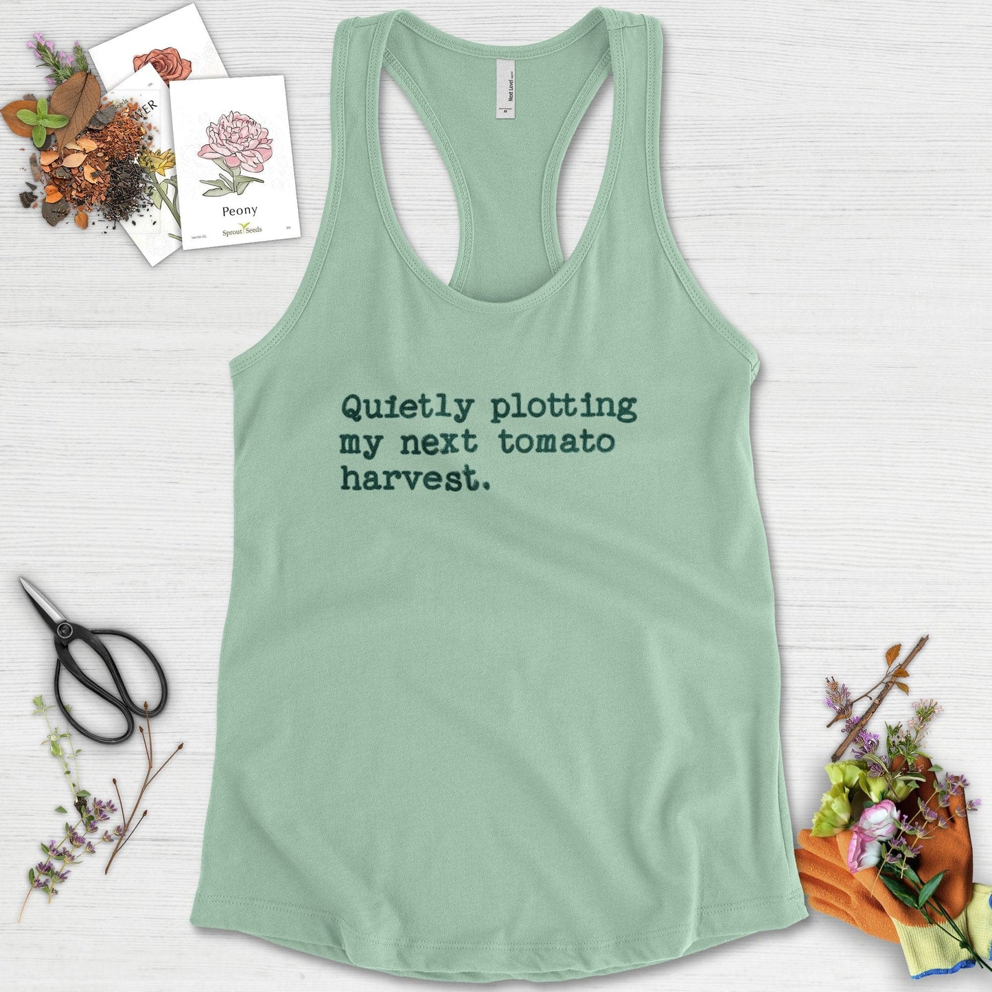 Quietly Plotting Tomato Harvest Racerback Racerback / XS / Mint Physical Item