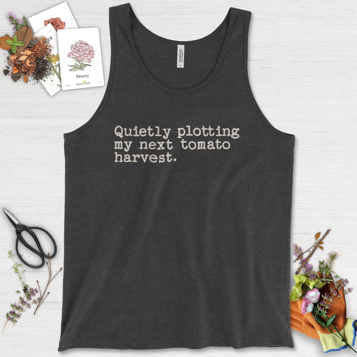 Quietly Plotting Tomato Harvest Tank Top Dark Gray Heather / XS Physical Item