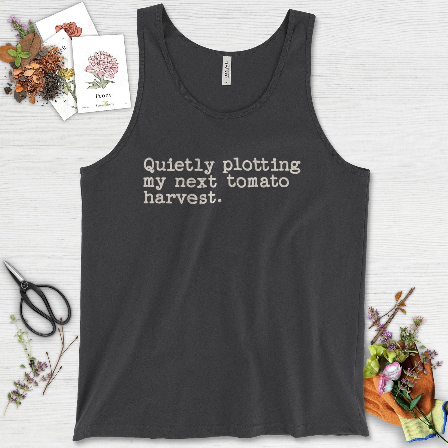 Quietly Plotting Tomato Harvest Tank Top Dark Grey / XS Physical Item