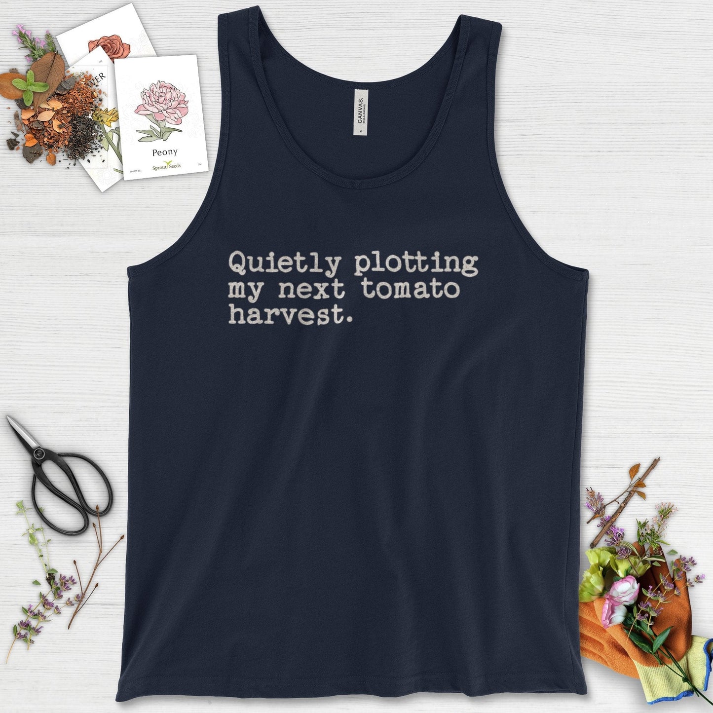 Quietly Plotting Tomato Harvest Tank Top Navy / XS Physical Item