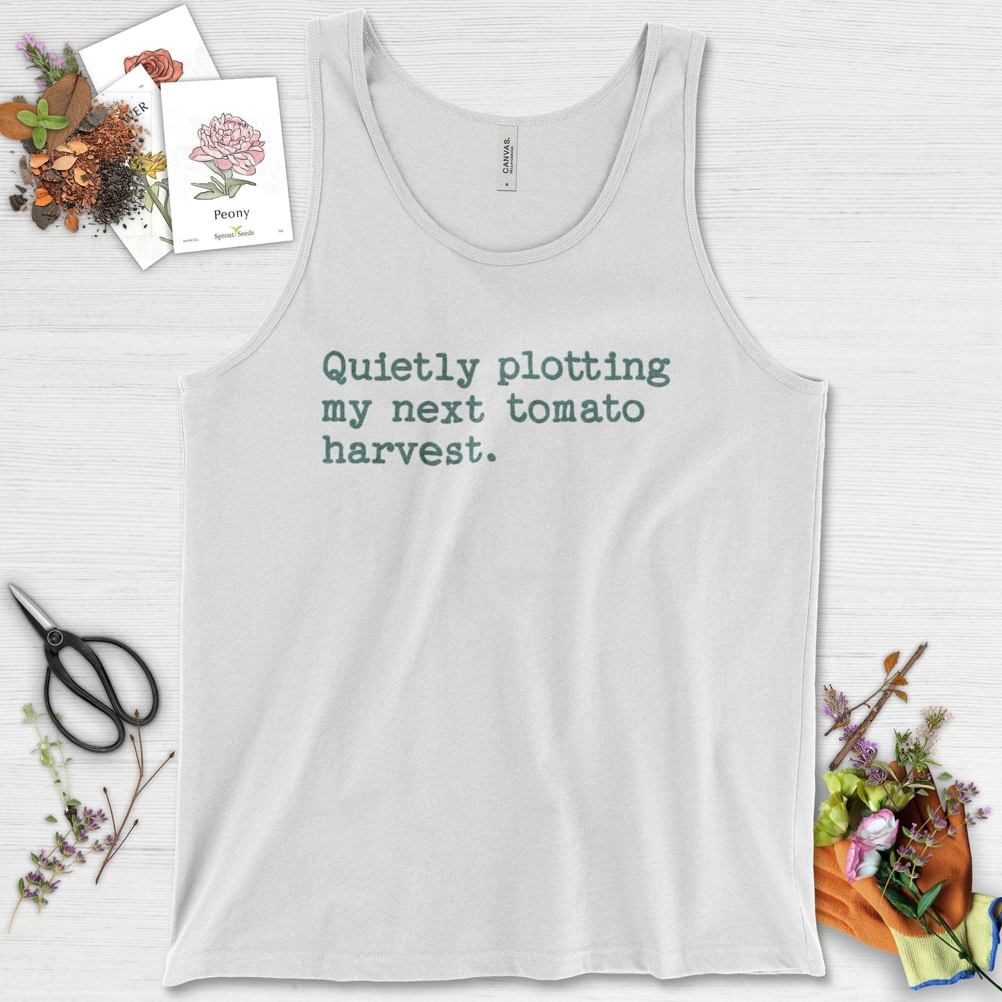 Quietly Plotting Tomato Harvest Tank Top White / XS Physical Item
