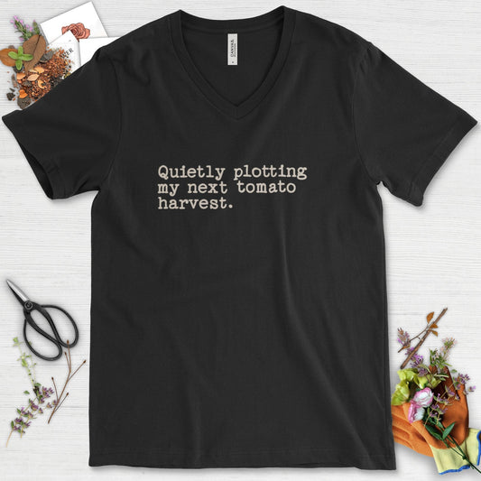Quietly Plotting Tomato Harvest V-Neck Black / S T-Shirt
