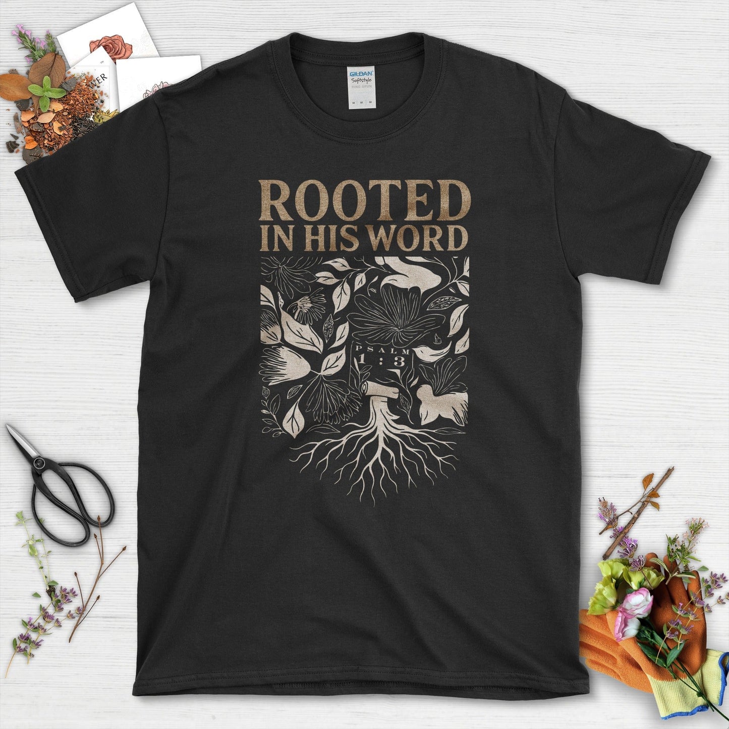 Rooted in His Word T-Shirt Essential Tees / S / Black Physical Item