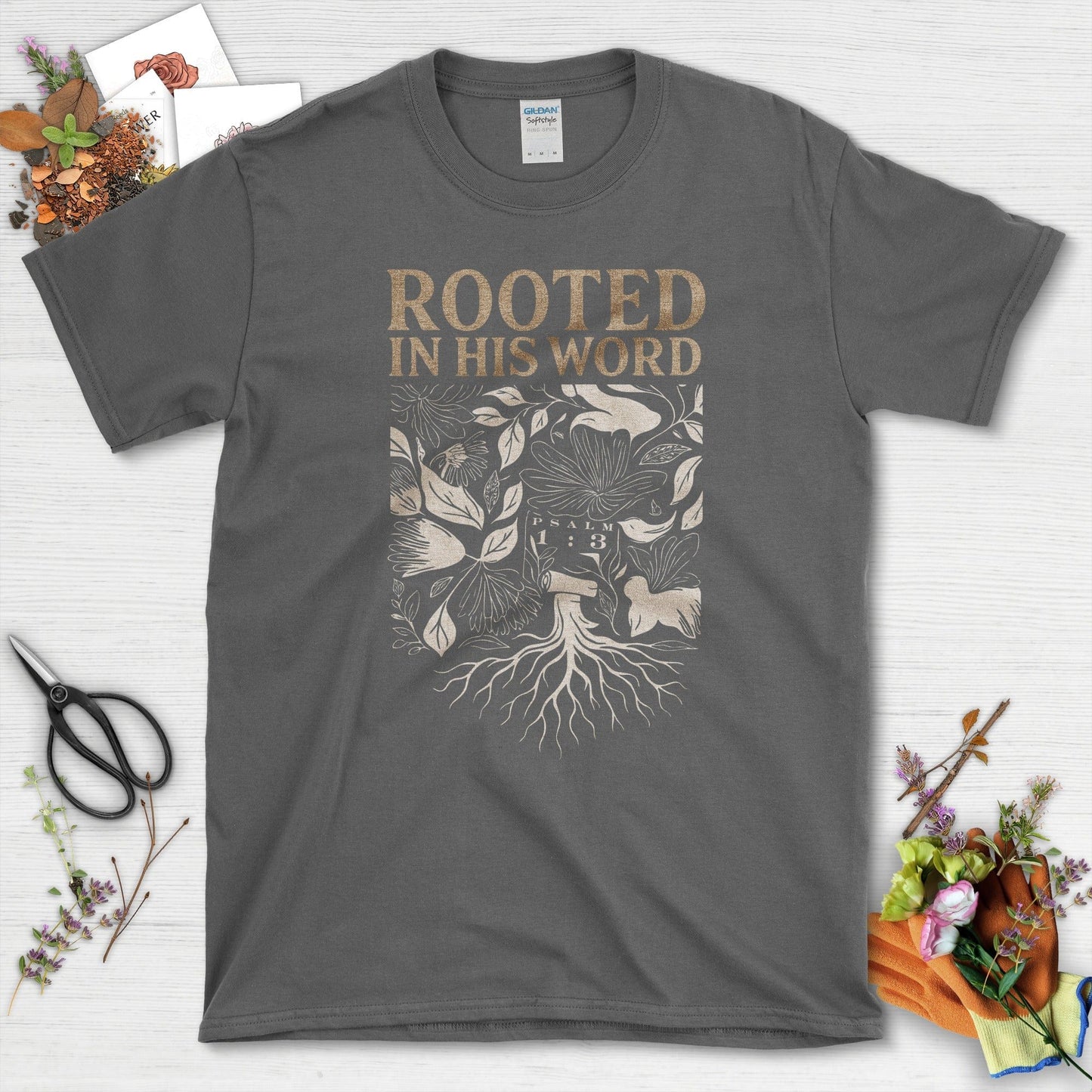 Rooted in His Word T-Shirt Essential Tees / S / Dark Heather Physical Item
