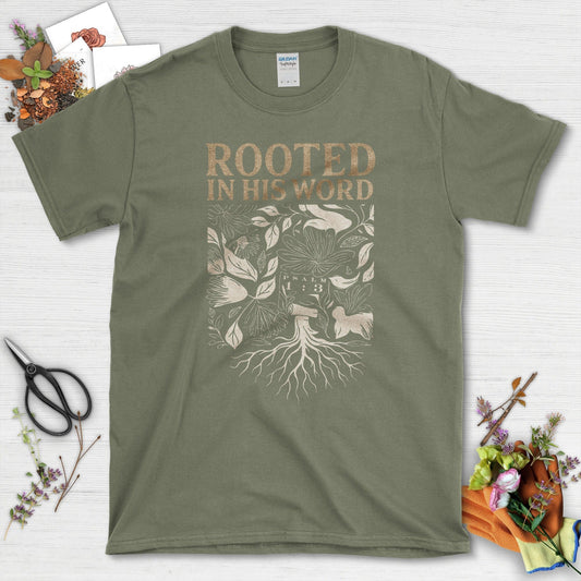 Rooted in His Word T-Shirt Essential Tees / S / Military Green Physical Item