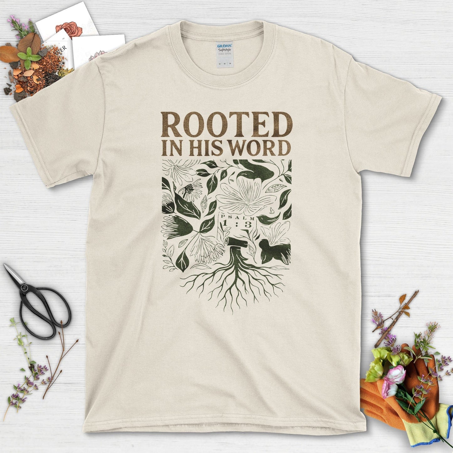 Rooted in His Word T-Shirt Essential Tees / S / Natural Physical Item