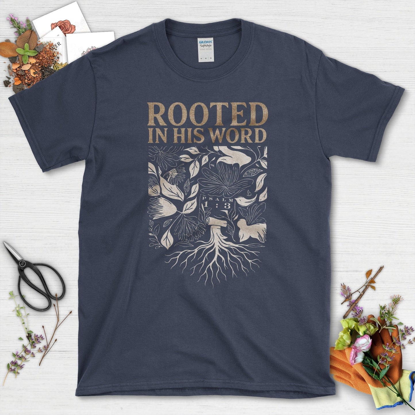 Rooted in His Word T-Shirt Essential Tees / S / Navy Physical Item