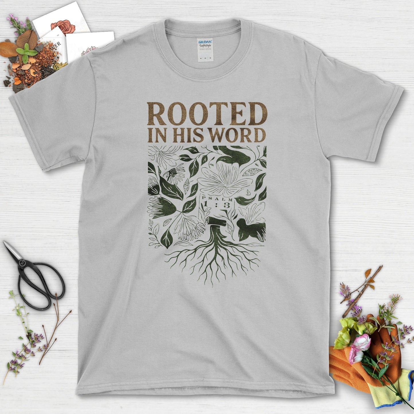 Rooted in His Word T-Shirt Essential Tees / S / Sport Grey Physical Item