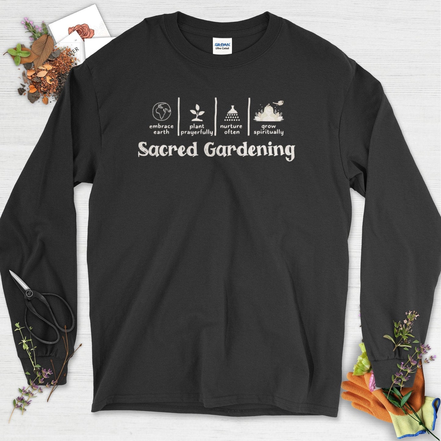 Sacred Gardening Plant Water Grow Long Sleeve Black / S T-Shirt