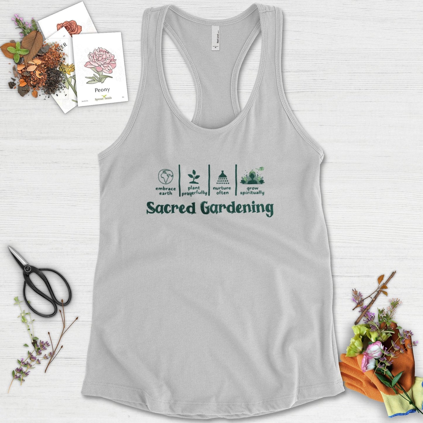 Sacred Gardening Plant Water Grow Racerback Racerback / XS / Heather Grey Physical Item