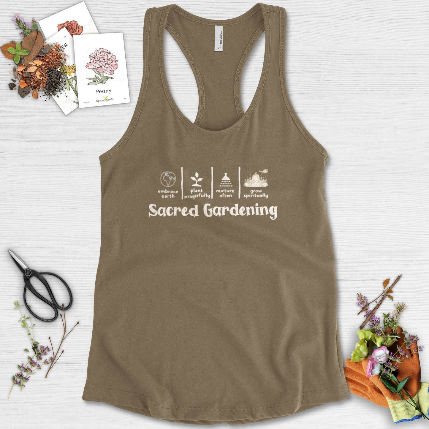 Sacred Gardening Plant Water Grow Racerback Racerback / XS / Military Green Physical Item