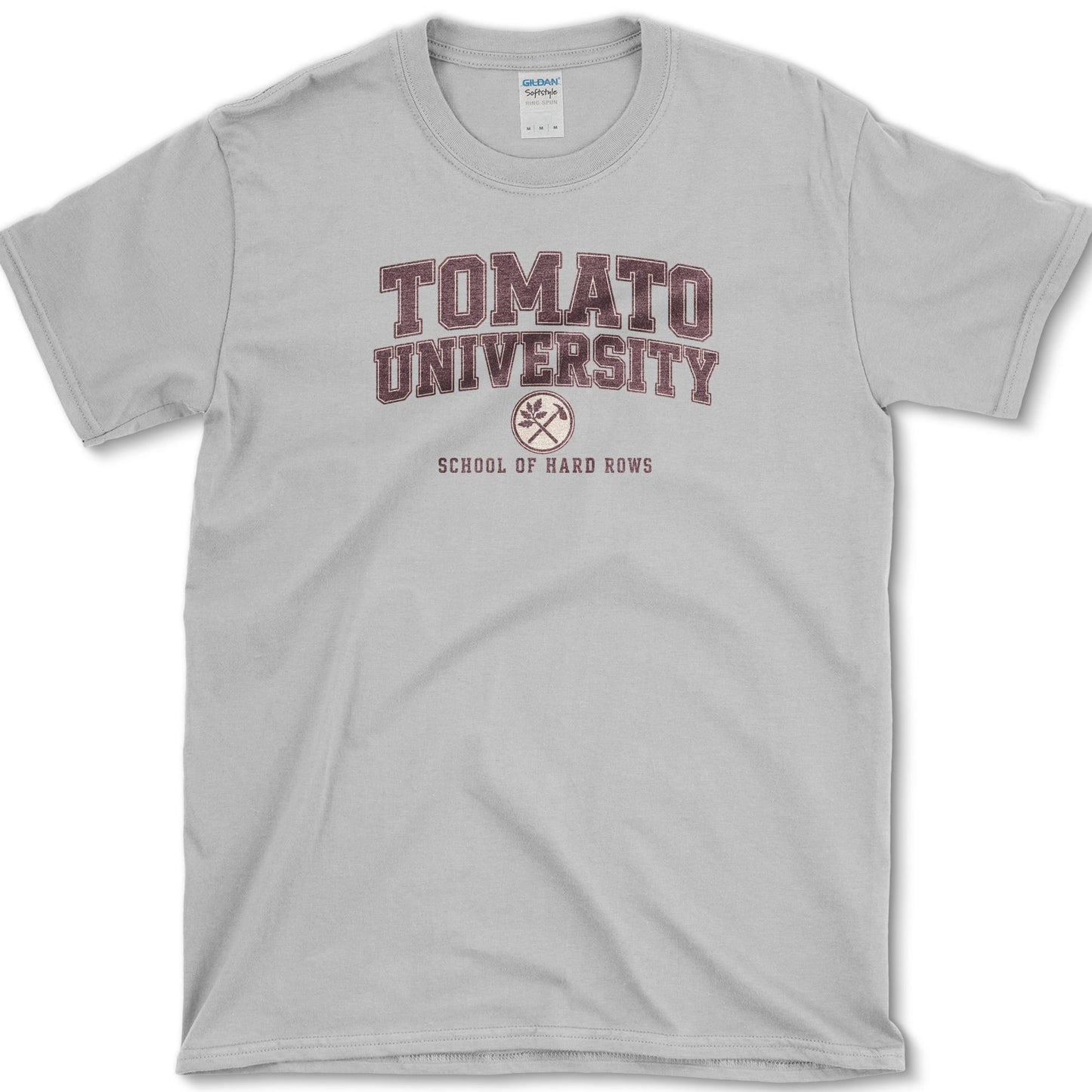School of Hard Rows design featuring tomato gardener artwork on a t-shirt