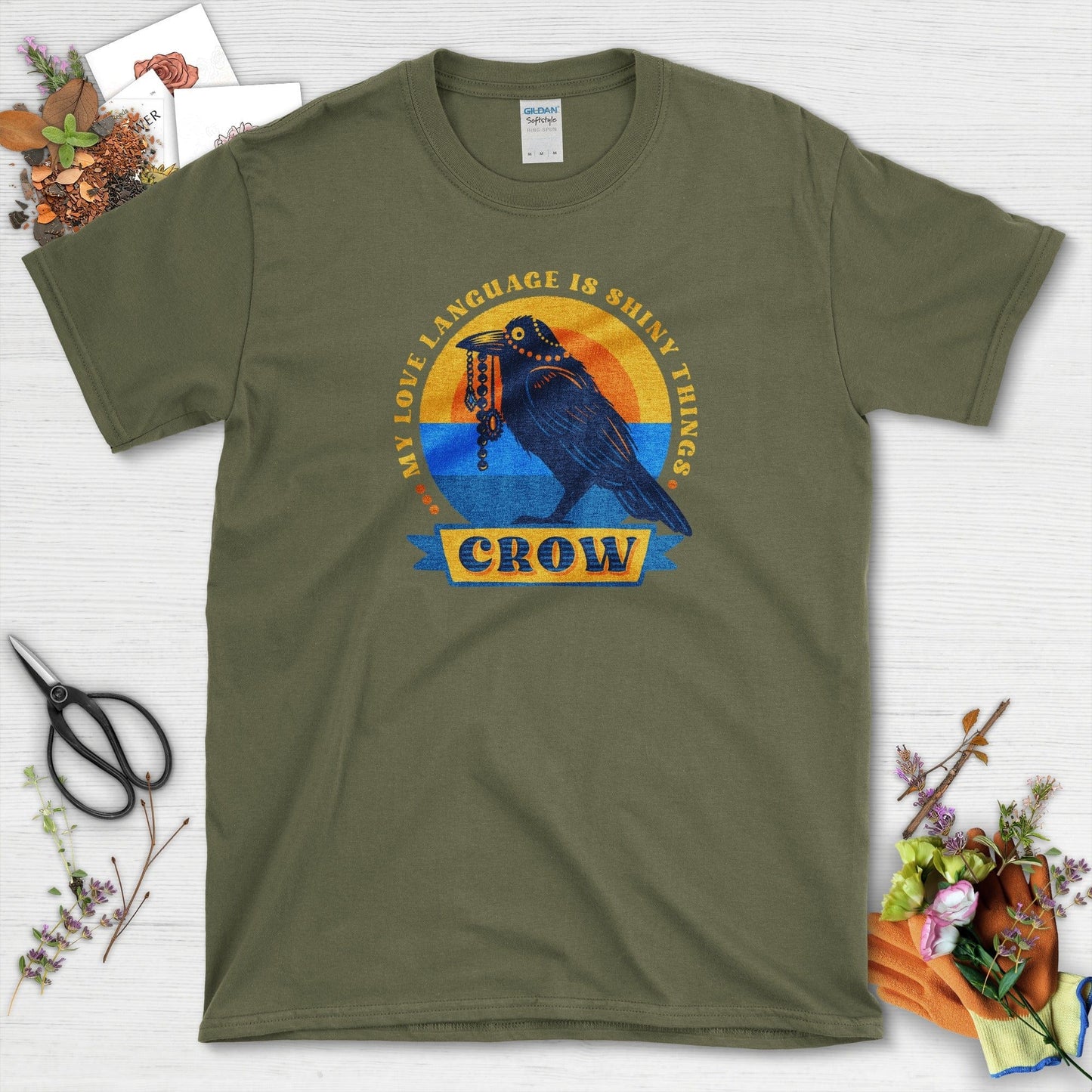 Shiny Love Language Crow T-Shirt Military Green / S Physical Item