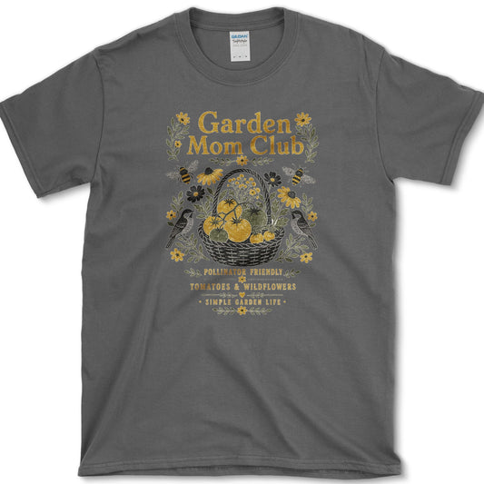 Bees and wildflowers surrounding a basket of tomatoes beneath Garden Mom Club and Pollinator Friendly lettering