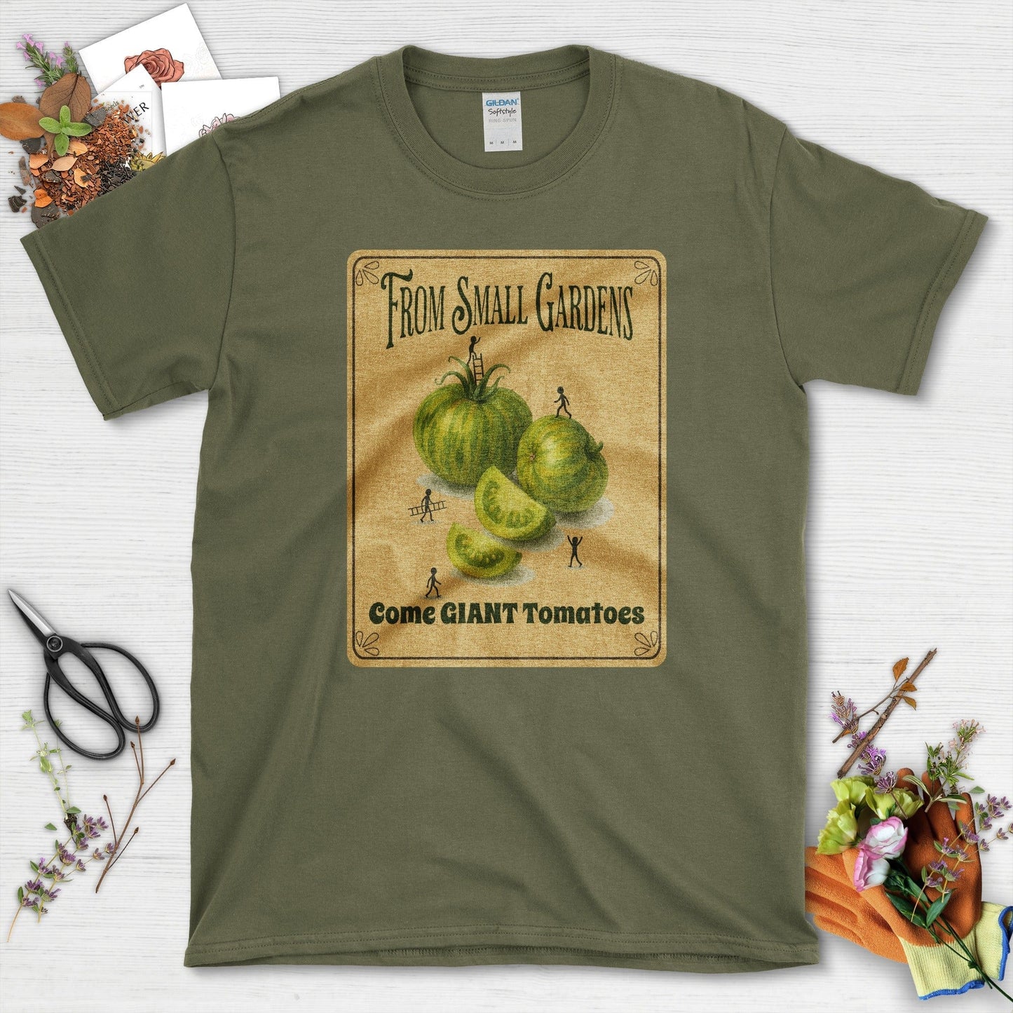 Small Gardens, Giant Tomatoes T-Shirt T-Shirts / S / Military Green Physical Item