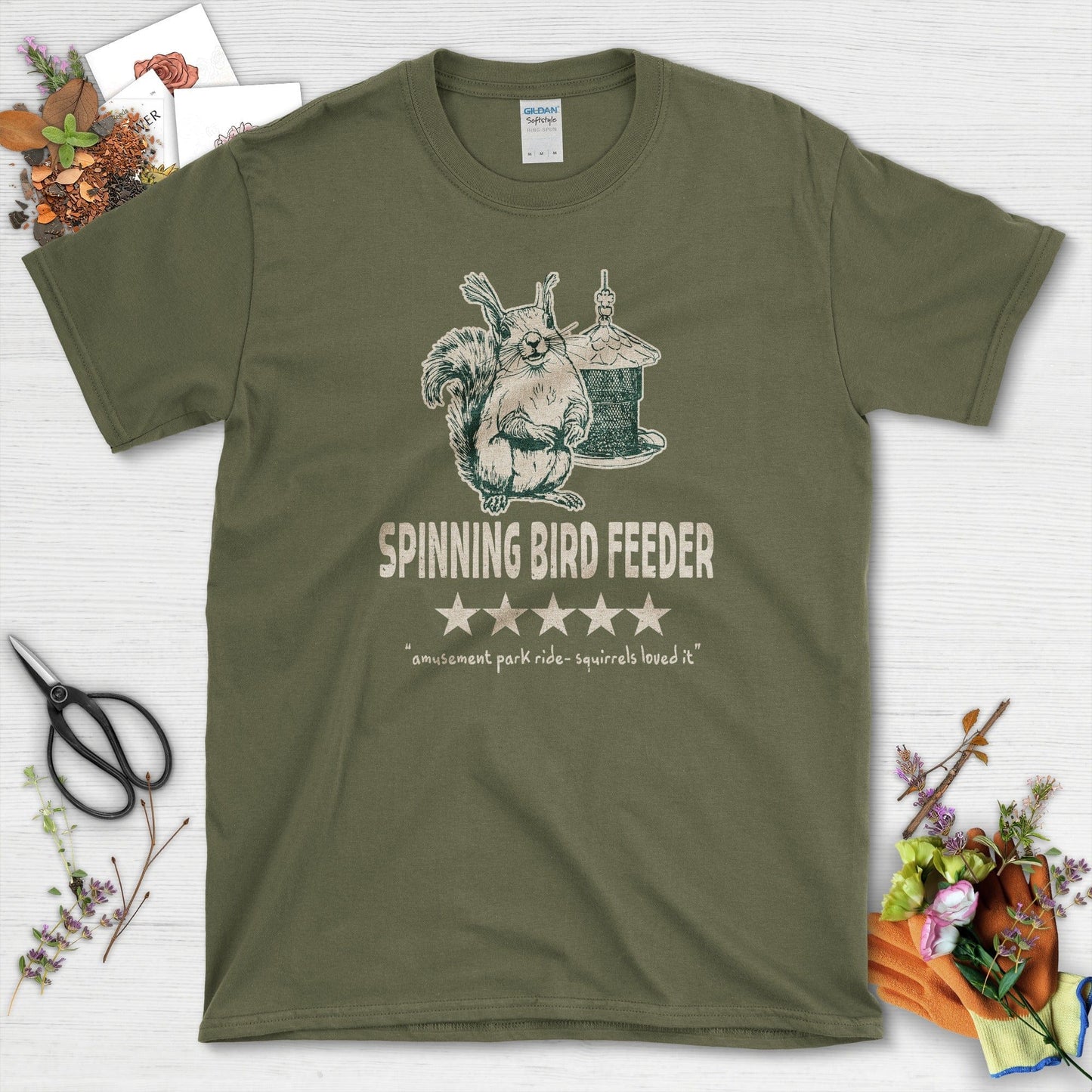 Spinning Bird Feeder Squirrel T-Shirt Military Green / S T-Shirt