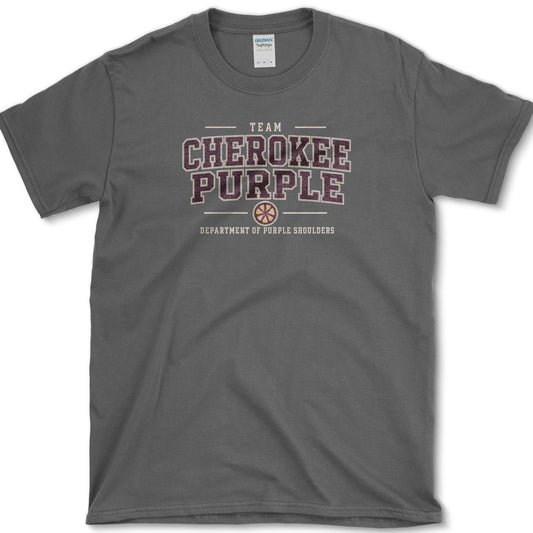 Team Cherokee Purple artwork featuring Cherokee Purple tomato and heirloom tomato on a t-shirt