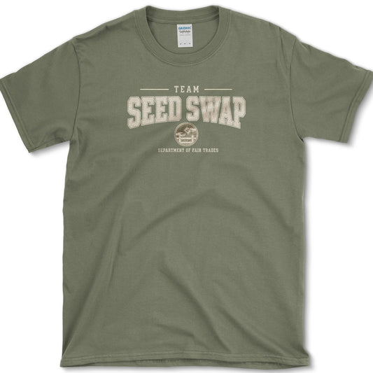 Team Seed Swap artwork featuring seed swap and seed packet on a t-shirt