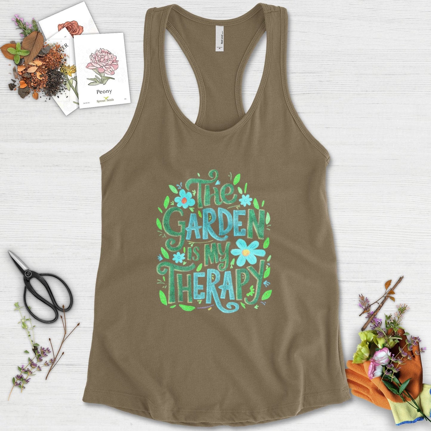 The Garden Is My Therapy Graphic Racerback Racerback / XS / Military Green Physical Item